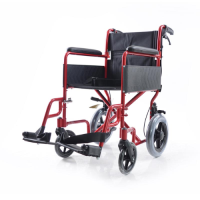 Red wheelchair with black wheels and castors set off the metallic paint finish beautifully