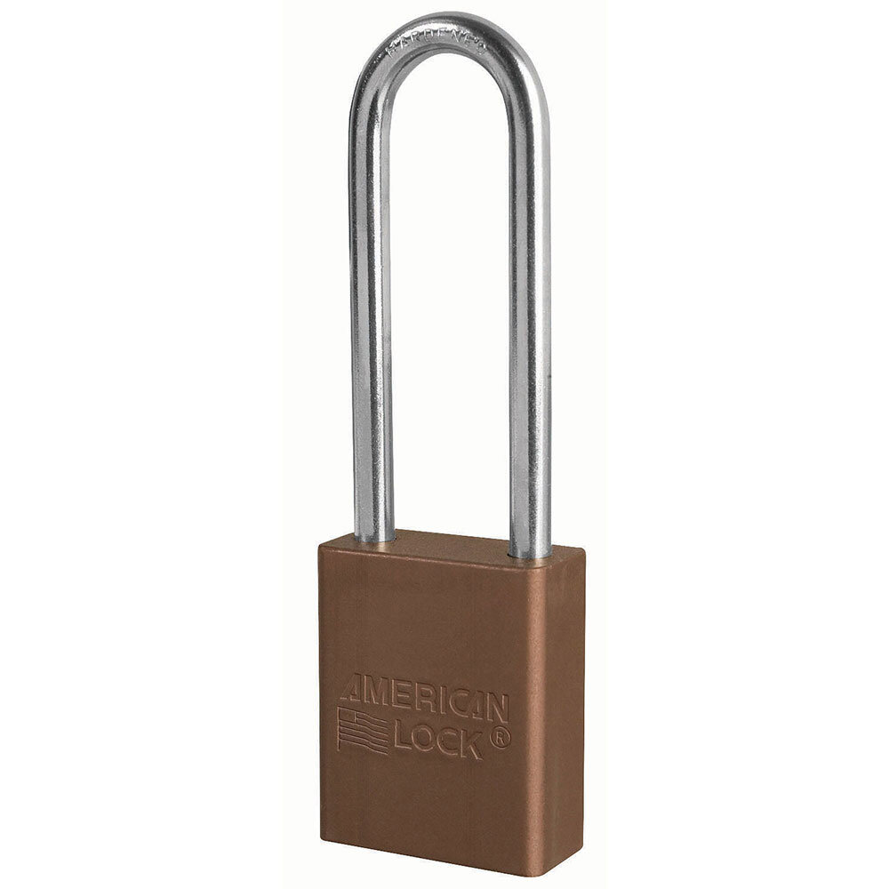 Master Lock Brown anodized aluminum safety padlock, 38mm wide with 76mm tall shackle, 6-pin cylinder, keyed...