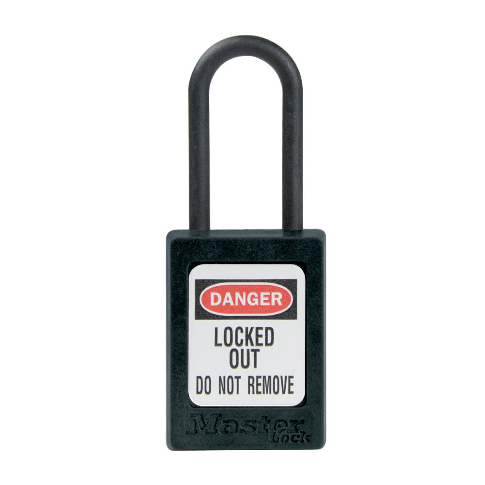 Master Lock Black dielectric Zenex™ thermoplastic safety padlock, 35mm wide with 38mm tall nylon shackle,...