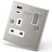 Stainless Steel 1 Gang 13 Amp Switched Socket c/w Type A + C Sockets 6031-902