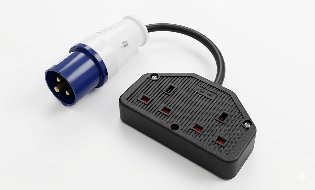 EBASEE CEE 16A 230V Blue Adaptor to Double Black Trailing Socket