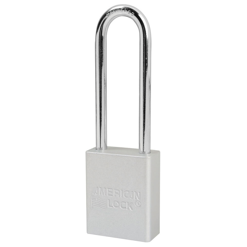 Master Lock Silver anodized aluminum safety padlock, 38mm wide with 75mm tall shackle, keyed alike