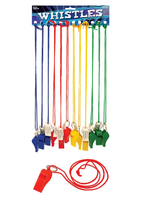 Plastic Whistle with string. 12 pieces per card. Min order 1 card.
