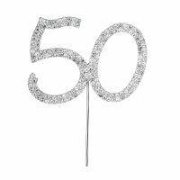 Diamante "50th" On Stem Silver - 4.5 x 5.5cm