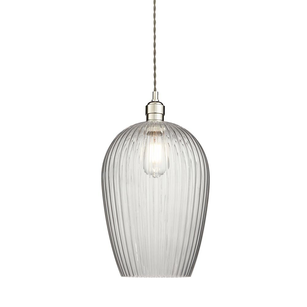 Endon Ribbed Clear Glass And Bright Nickel Large Pendant