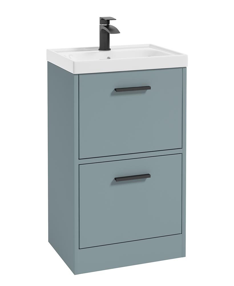 FINLAND 50CM TWO DRAWER MATT CORAL GREEN FLOOR STANDING VANITY UNIT - MATT BLACK HANDLE