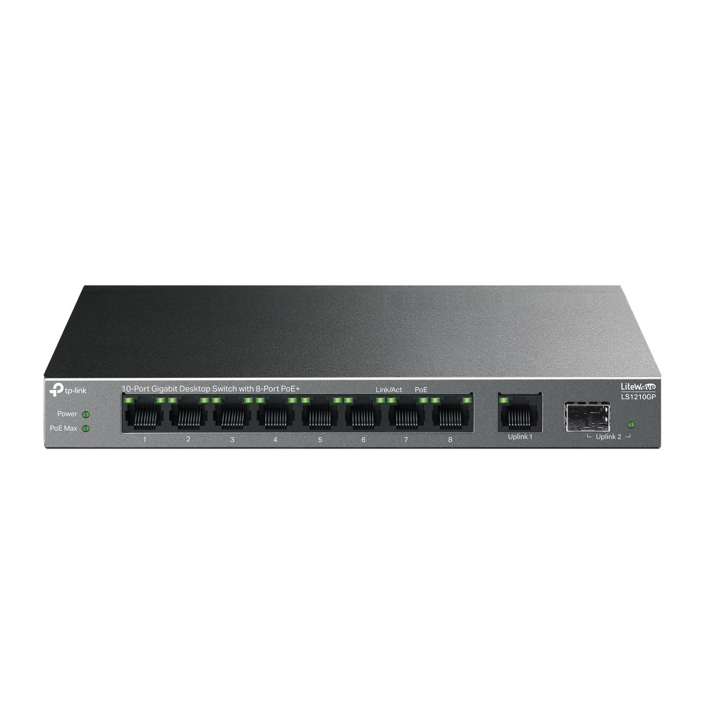 TP-Link LS1210GP 10-port switch front panel with PoE ports