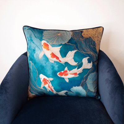 Teal River Koi Velvet Feather Filled Cushion - 60 x 60
