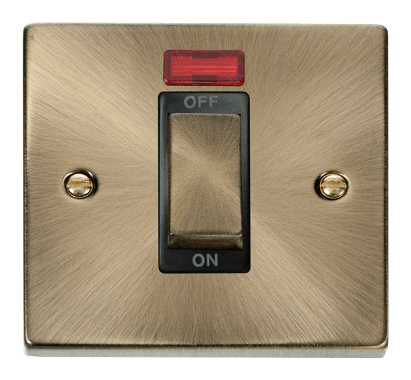 Click Deco 1G 45A DP Switch + Neon Antique Brass Black Insert VPAB501BK