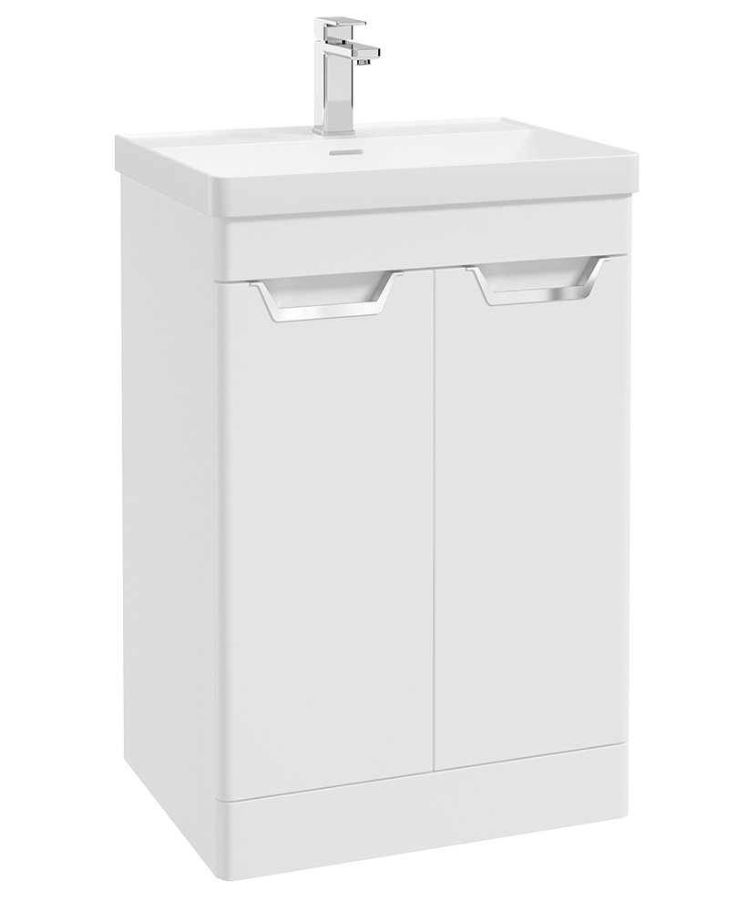 FREYA 60CM 2 DOOR FLOORSTANDING VANITY UNIT MATT WHITE-BRUSHED CHROME HANDLE