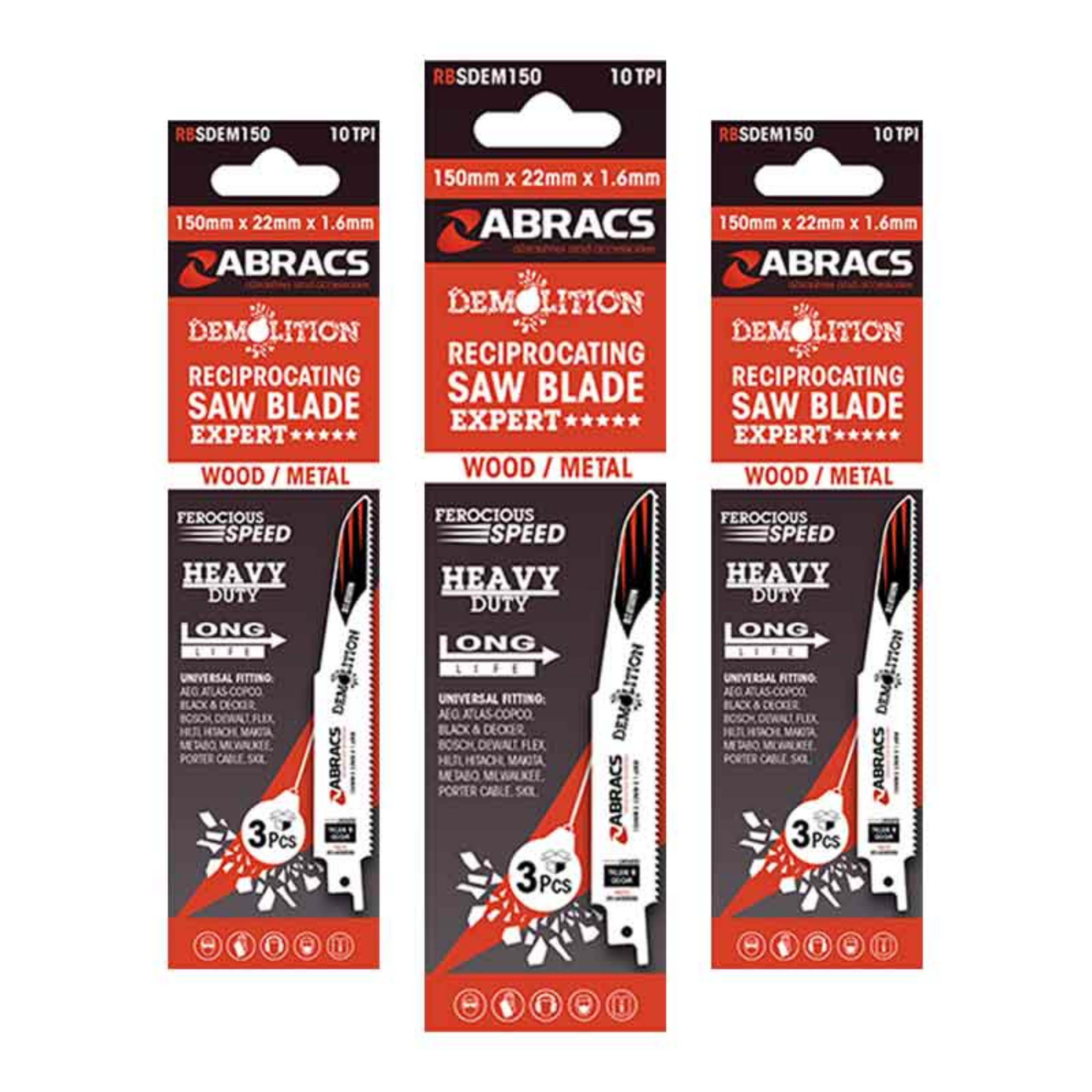 Abracs Expert Reciprocating Saw Demolition Blades, Heavy Duty Cut, TPI 10, 3pcs/Pack