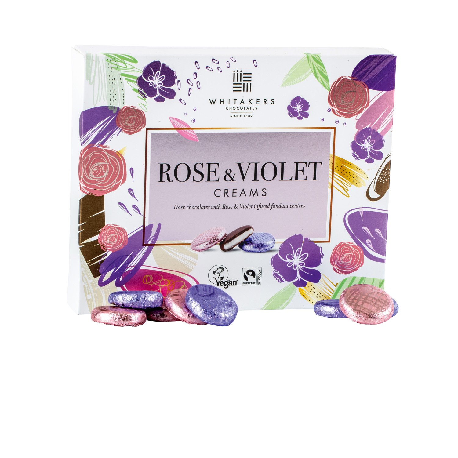 Whitakers foiled dark choc rose and violet creams in carton - 8x200g