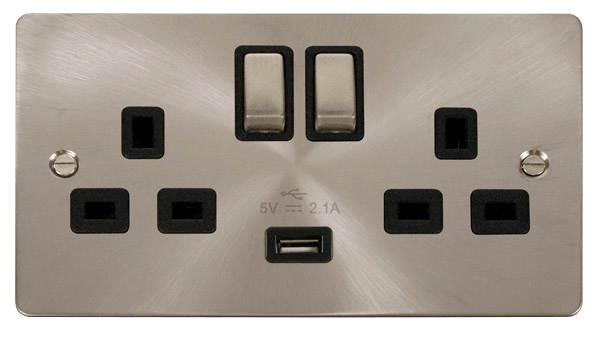 Click Define 2G Switched Socket C/w USB Brushed Steel Black Insert FPBS570BK