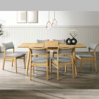 Salz 140 to 180cm Natural Oak Veneer Table & 6 Grey Chairs  1
