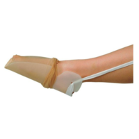 The foot is put in the open end of the stocking, which is then pulled over the foot and up the leg using the tapes