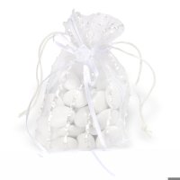Organza/Satin Striped Pouch White - 14 x 10 cm
