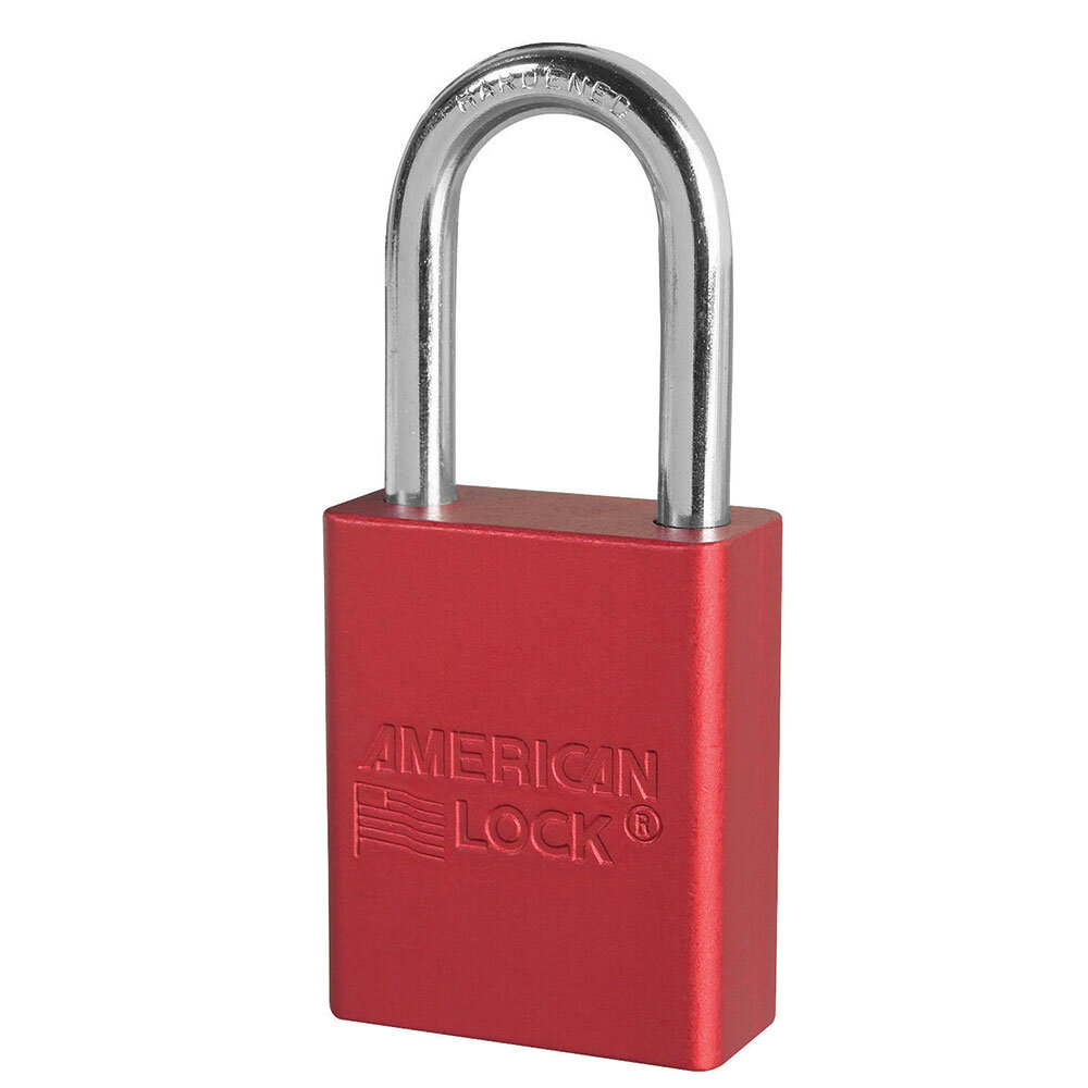 Master Lock Red anodized aluminum safety padlock, 38mm wide with 38mm tall shackle, keyed alike master keyed