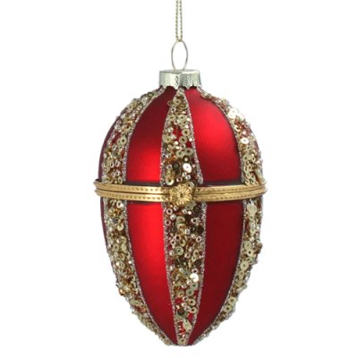 Matt Red & Gold Glitter Opening Egg Glass Bauble