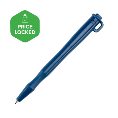 Blue metal detectable non-retractable stick pen with fixed cartridge and pocket clip.