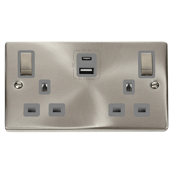 Click Deco 2G Switched Socket + USB A&C Satin Chrome Grey Insert VPSC586GY