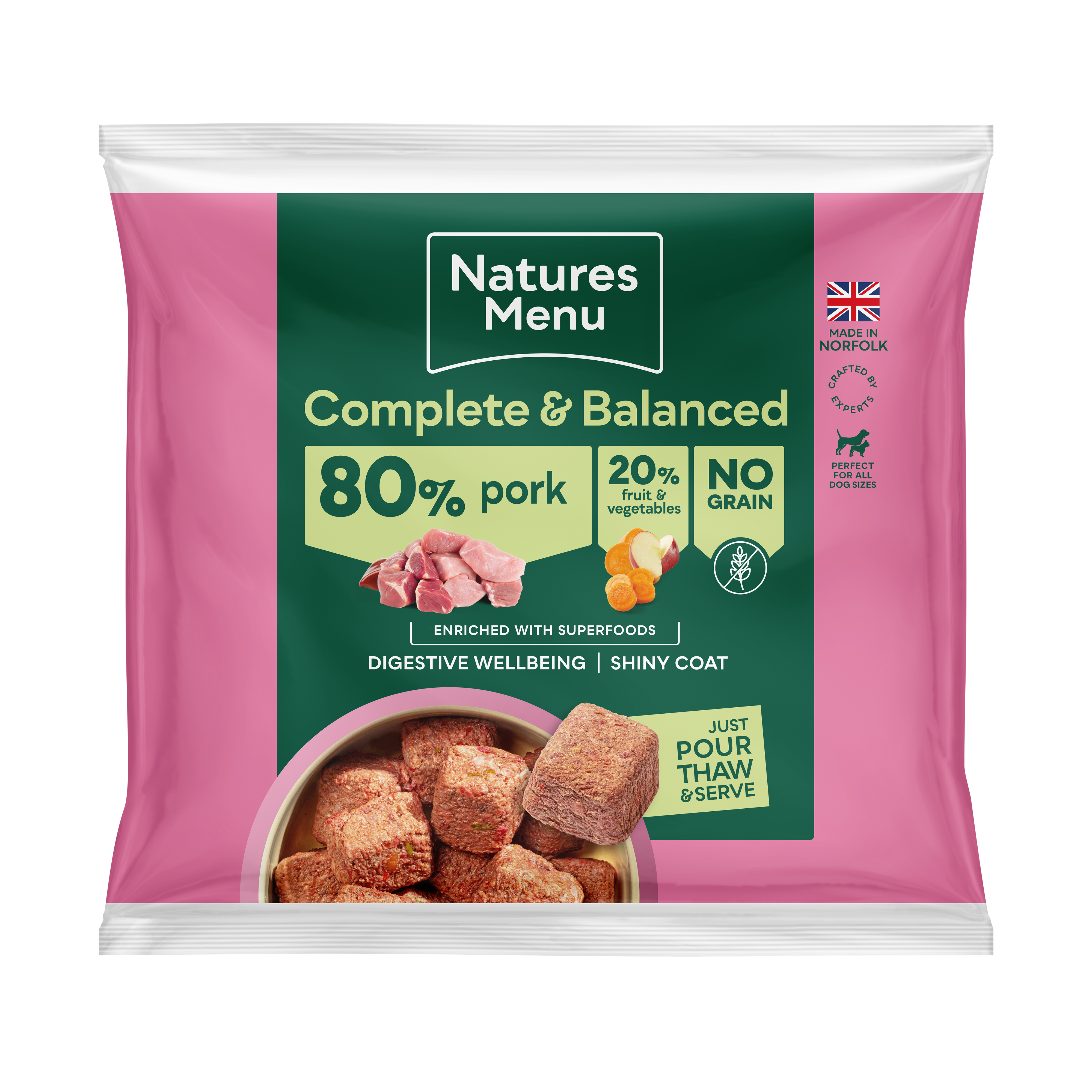 Natures Menu Frozen Adult Dog Complete and Balance 80-20 Nuggets Pork 1kg - 3644