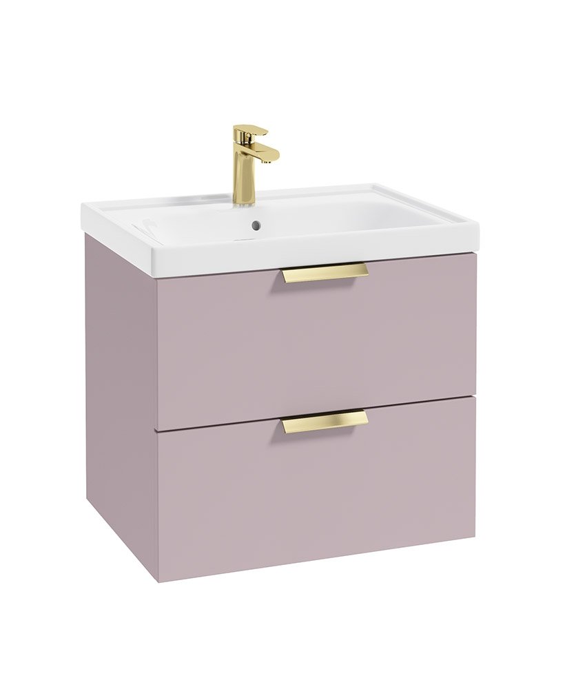 STOCKHOLM 60CM TWO DRAWER WALL HUNG CASHMERE PINK MATT VANITY UNIT - BRUSHED GOLD HANDLES