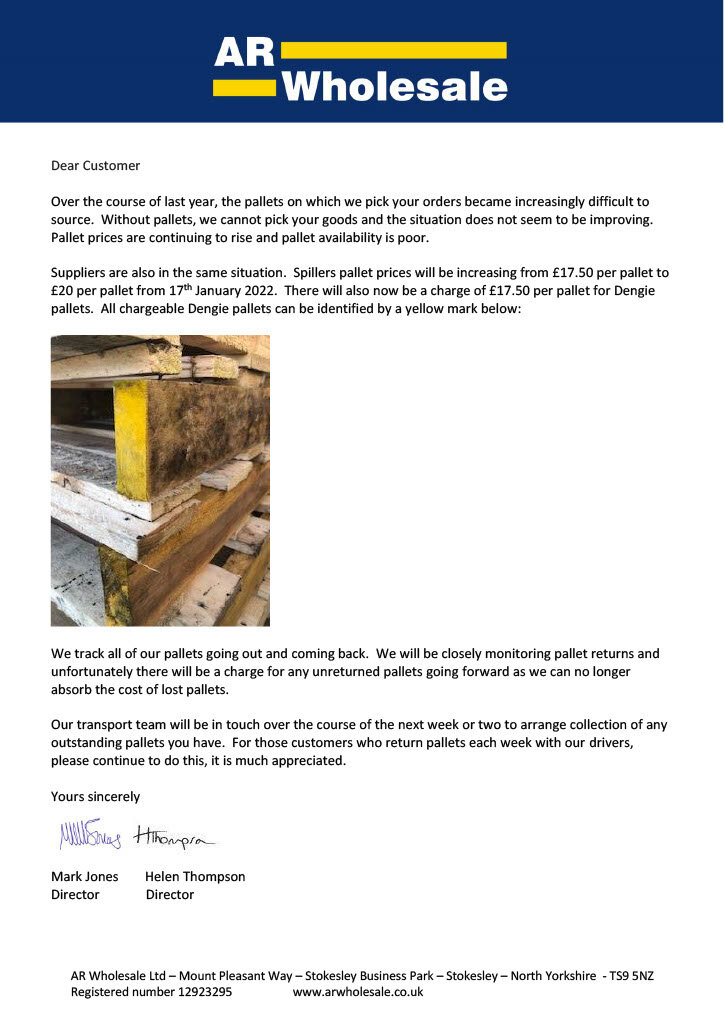 Pallet Charges Update January 2022 AR Wholesale