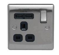 NEXUS BRUSHED STEEL 13A 1 GANG SWITCHED  SOCKET + 2 USB 2.1A OUTLETS BLACK INSERT