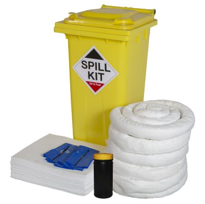 Huile et carburant - Kit de confinement et d'absorption, poubelle sur roulettes, 120 litres