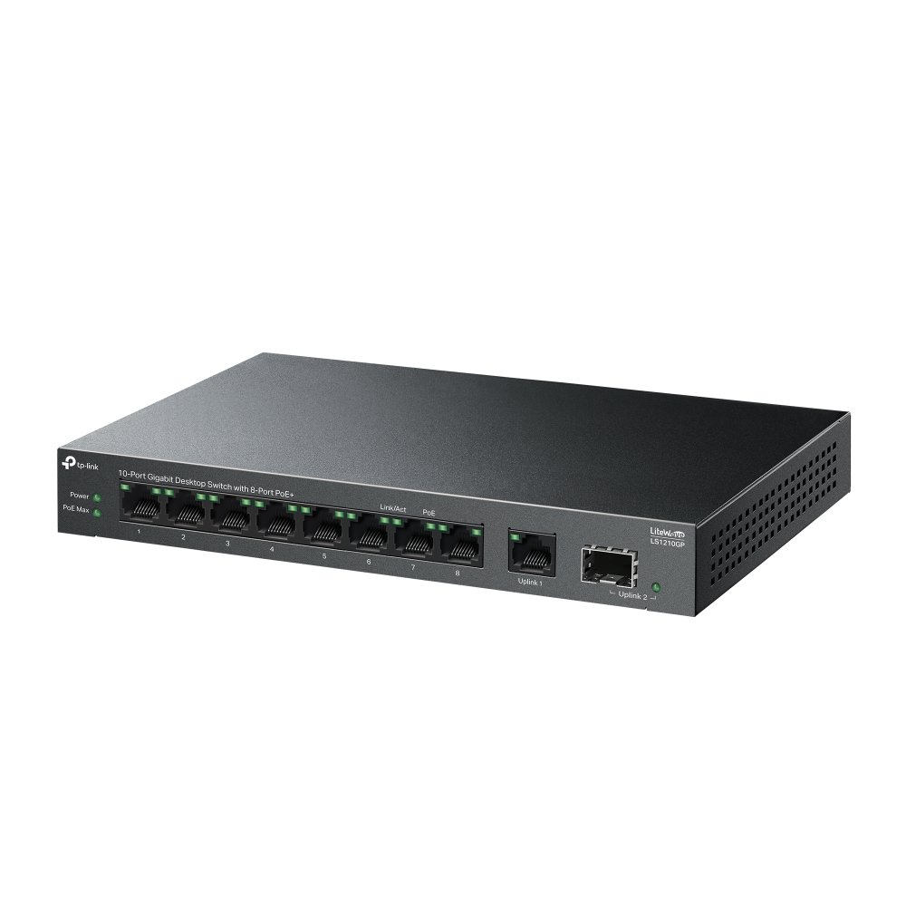 TP-Link LS1210GP in a network rack powering IP cameras via PoE