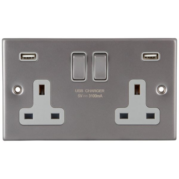 Gunmetal Grey 2 Gang 13A  Socket c/w 2XUSB 6011-914