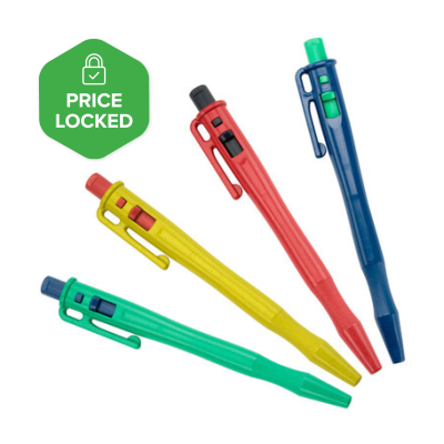 Assorted metal detectable retractable factory pens in blue, red, yellow and green with pocket clips and lanyard loops.