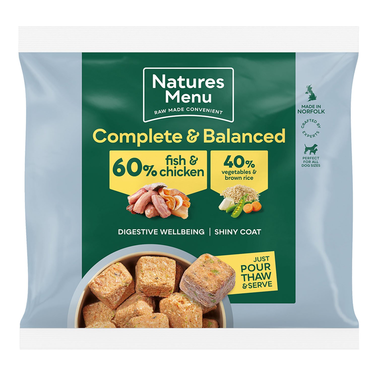 Natures Menu Frozen Dog Adult Complete and Balanced 60-40 Fish & Chicken with Brown Rice Nuggets 1kg