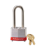 Master Lock Red laminated steel safety padlock, 40mm wide with 51mm tall shackle, keyed alike