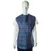 Blue checkered bib can be fastened around the user's neck to protect clothes from spillage.