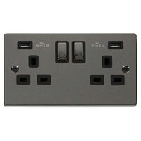 Deco Black Nickel 13A 2G USB Switched Socket Black Ingot