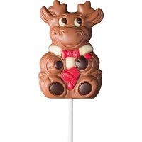 Decorated solid milk choc reindeer with bell lollies in display - 18 x 35g