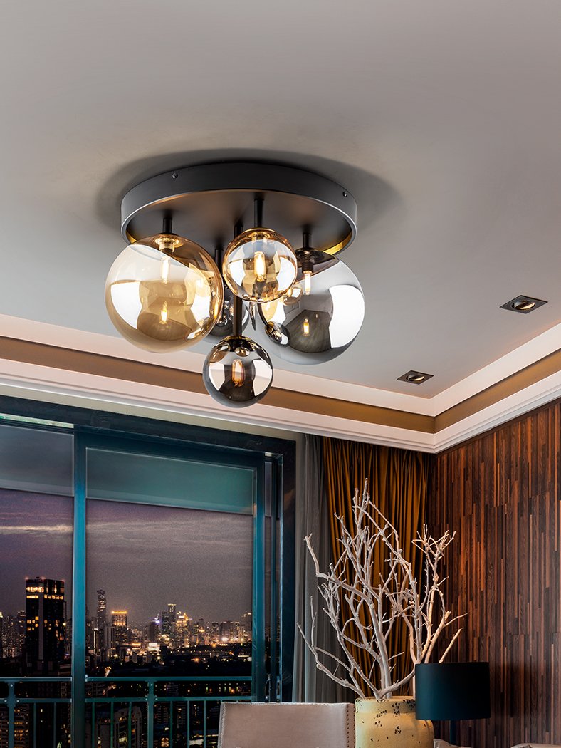 Schuller Dark 5 Light Ceiling Matt Black, Satin Brass