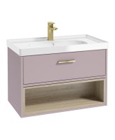 MALMO 80CM SINGLE DRAWER OPEN SHELF CASHMERE PINK MATT VANITY UNIT GLOSS BASIN - BRUSHED GOLD HANDLE