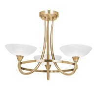 3 LIGHT ANTIQUE BRASS SEMI-FLUSH FITTING WITH WHITE PAINTED GLAS