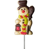 Decorated solid white choc snowman lollies in display - 18 x 35g