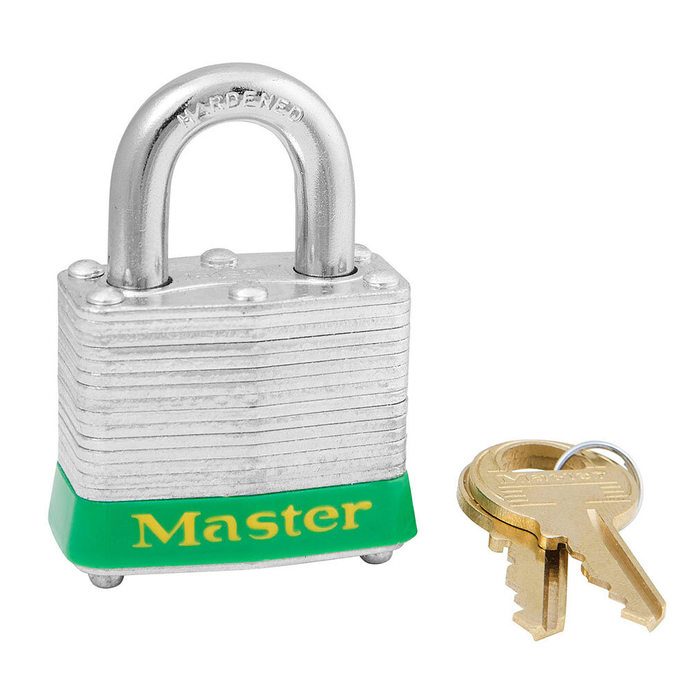 Master Lock Green laminated steel safety padlock, 40mm wide with 19mm tall shackle, keyed alike master keyed