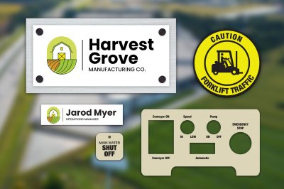 Laser-engraved industrial and safety signage made with EcoMark sustainable engraving material by Rowmark, including control panels, nameplates, and caution signs.