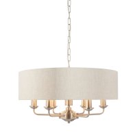HIGHCLERE 6 LIGHT PENDANT BRUSHED CHROME WITH NATURAL LINEN SHAD