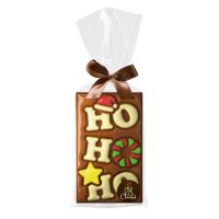 Decorated milk choc bar with Ho Ho Ho design in cello bag 8x150g
