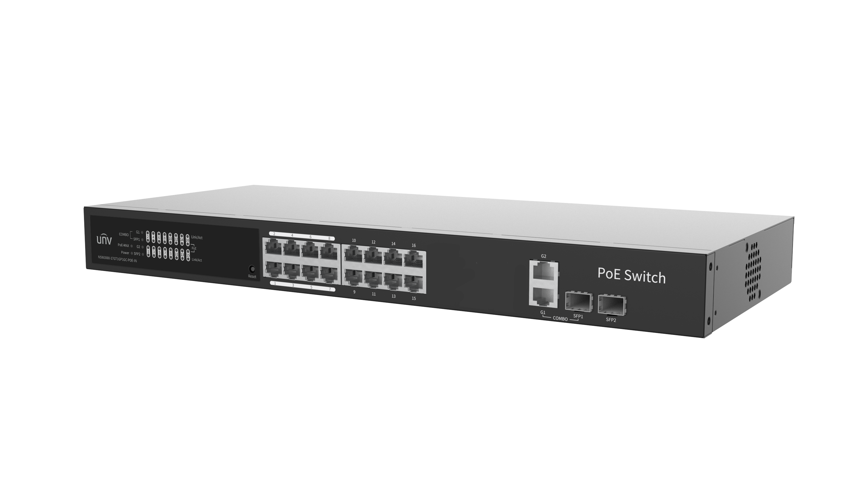 NSW3000-17GT1GP1GC-POE-IN showing 250W total PoE budget and 30W per port