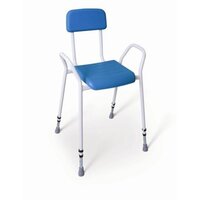 Perching Stool with Arms and Padded Back is height adjustable, extra stable and has a padded back for added stability