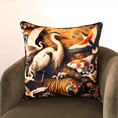 Orient Bird & Koi Pond Velvet Feather Filled Cushion - 60 x 60