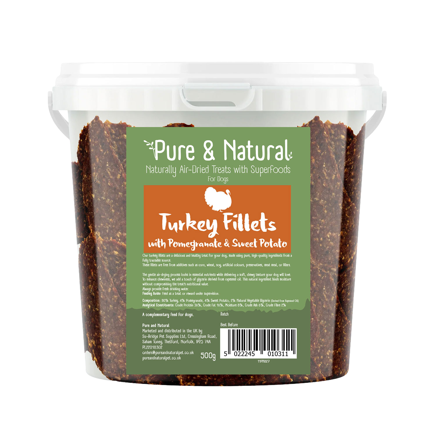 Pure & Natural PN827 Air Dried Turkey Fillets Treats with Superfoods Pomegranate and Sweet Potato Tub 500gm