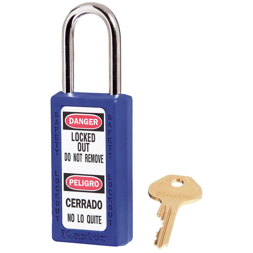 Master Lock Blue Zenex™ thermoplastic safety padlock, 38mm wide with 38mm tall shackle, keyed alike